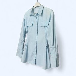 Light Blue Button-Up Pleated Blouse with Bell Sleeves